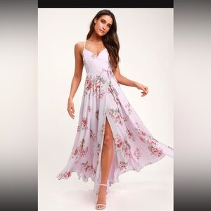 LuLu’s Elegantly Inclined Lavender Print Floral Wrap Maxi Dress